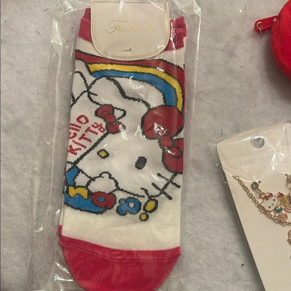 Hello Kitty Kids Socks coin purse, Necklace Set - Red, White nwt